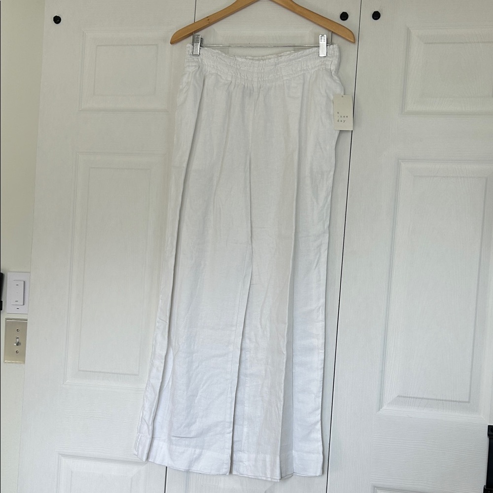 NWT- Linen White Smocked-Waist Wide Leg Pants Pockets